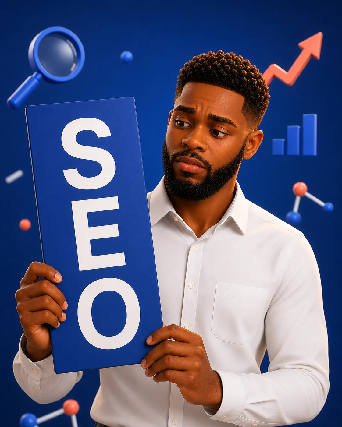 Avatar 3D de Teddy avec une pancarte SEO